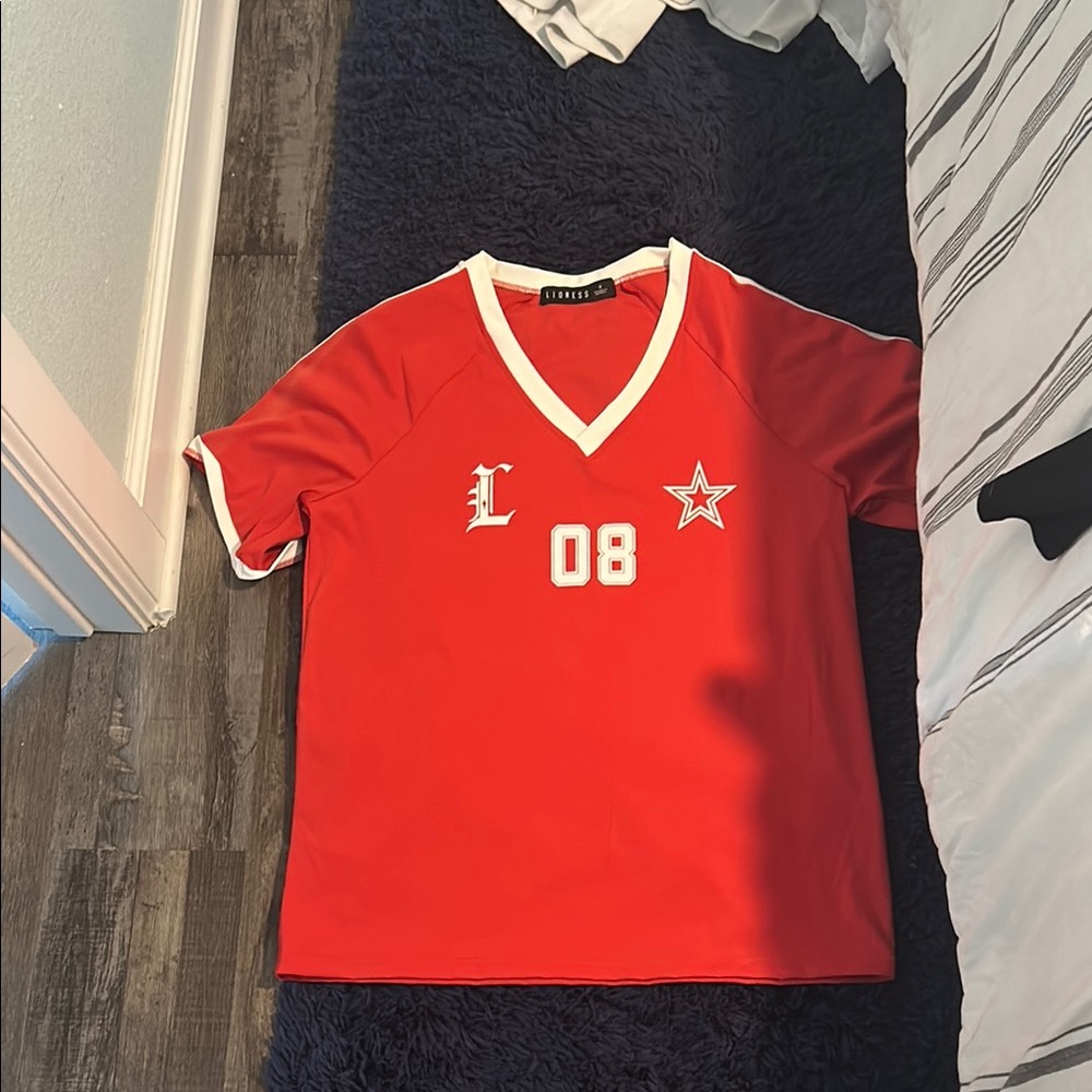 Edikted Red and White Jersey Top with V-Neck and Star Emblem